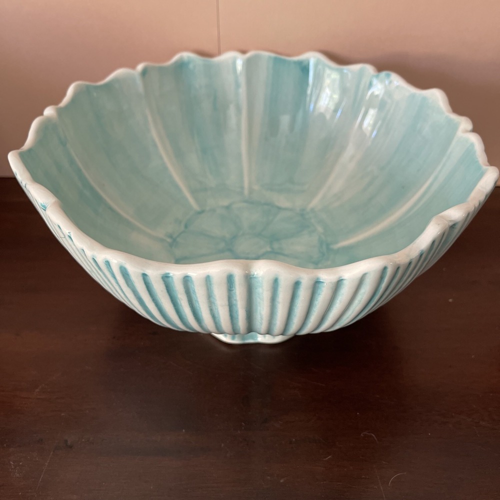 Anthropologie Serving Bowl Pedestal Footed Green Flower Shape Figural Large